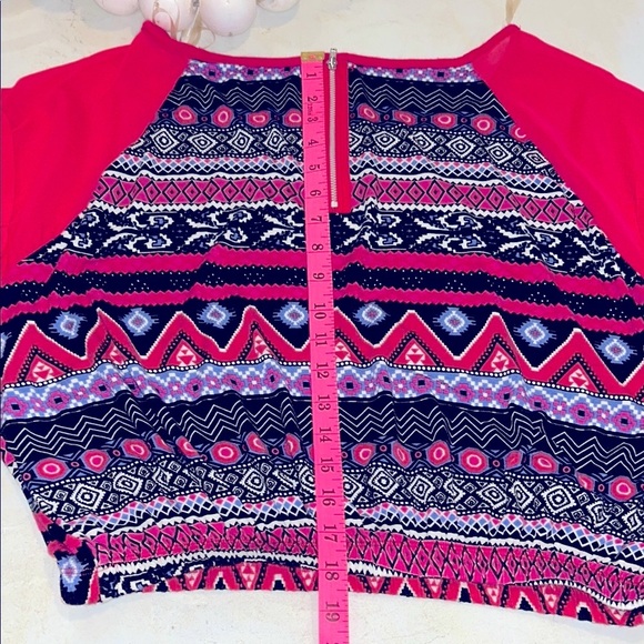 Bongo Trendy Pink & Black Boho Look Women's elastic bottom Top. Sheer arms Sz XL - Picture 12 of 14